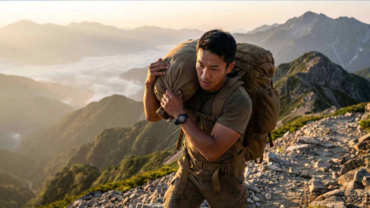 屋外で機能的な担ぎ運動を行う、屈強な装備の男性。古代戦士の訓練を象徴している。