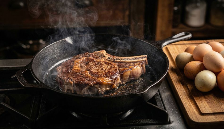 A seared steak in a cast-iron skillet representing ancestral male nutrition.