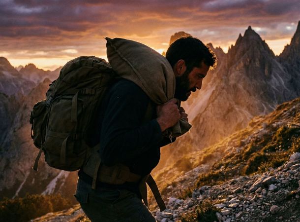 Um homem com equipamento robusto realizando um exercício funcional de carga ao ar livre, representando o treinamento de guerreiros antigos.