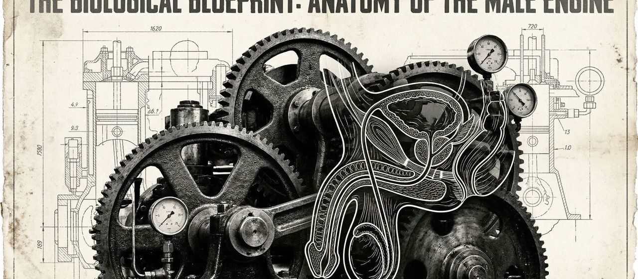 Technical blueprint style illustration of male physiological structures.