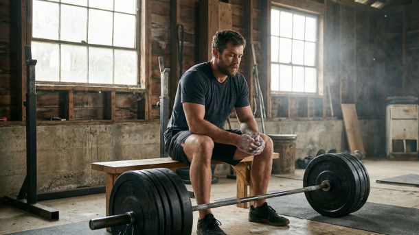 Mann, der zwischen schweren Heben ruht, illustriert intelligentes Krafttraining und Erholung