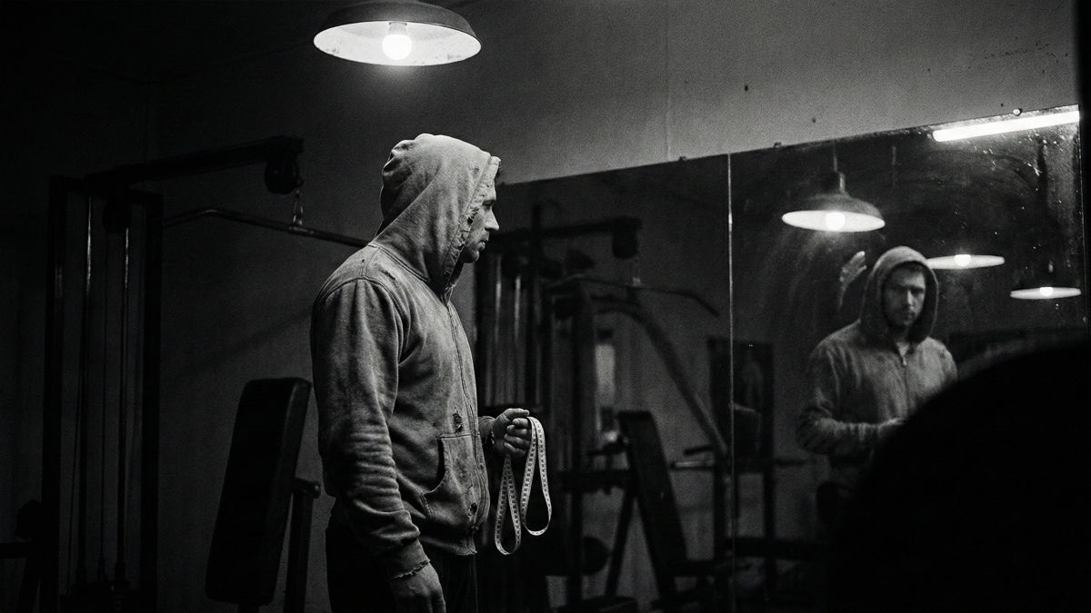 Ein Mann, der sein Spiegelbild betrachtet, symbolisiert den Druck männlicher Körperstatistiken.