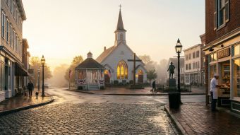 A historic and peaceful colonial town square representing traditional community values.
