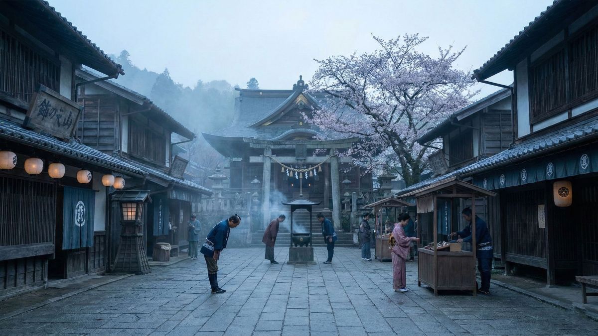 伝統的な共同体の価値観を象徴する、静かで歴史ある植民地時代の町の広場。