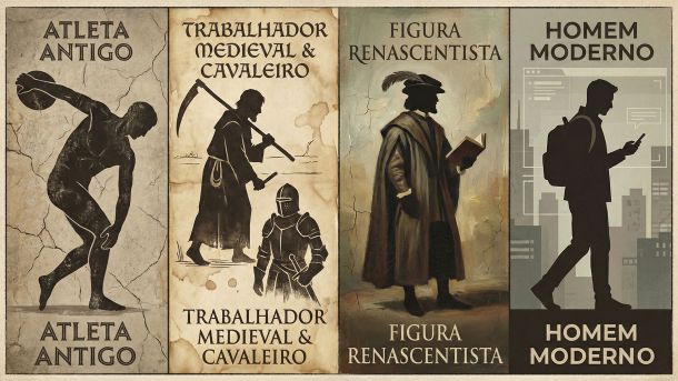 Ilustração mostrando como os ideais do corpo masculino variaram entre eras históricas, da Grécia Antiga à era moderna