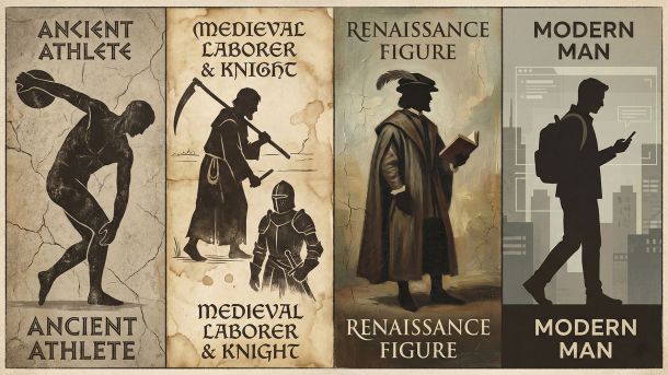 Illustration showing how male body ideals differed across historical eras, from Ancient Greece to the modern age