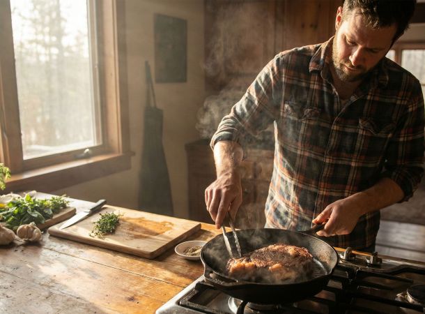 A man preparing a high-protein meal, representing performance nutrition and the provider role.