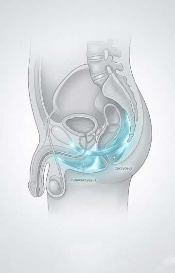 An anatomical side-profile of the human pelvis (stylized, not graphic) showing the muscle fibers of the pelvic floor in a soft blue or teal glow
