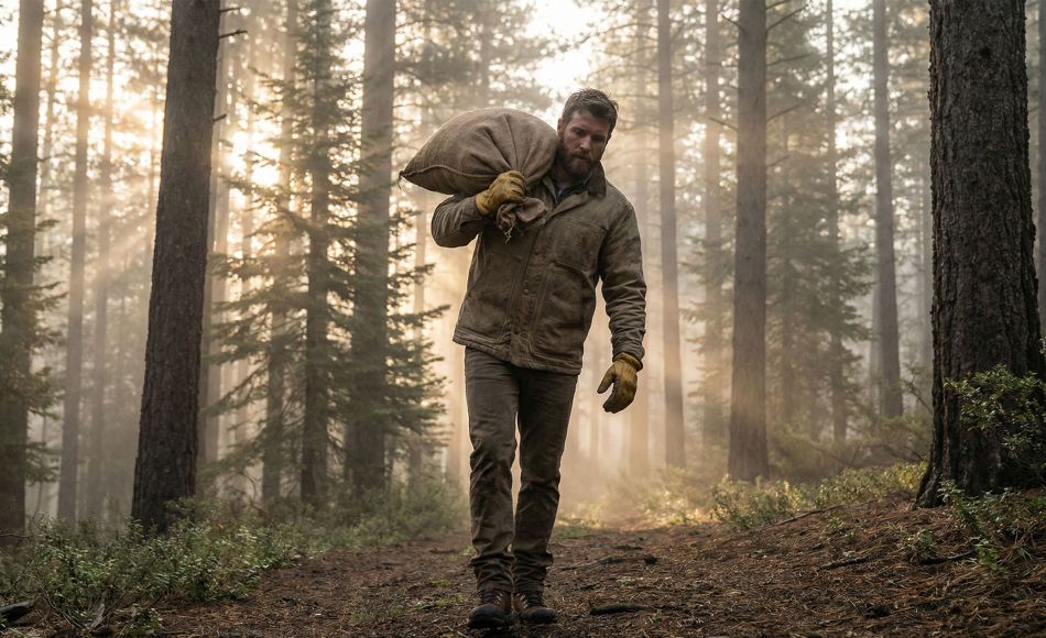A man demonstrating functional strength by carrying a heavy load in a natural outdoor environment.