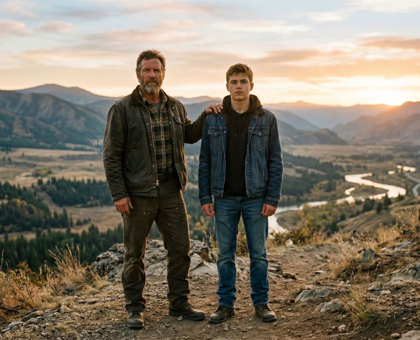 A father and son standing together at golden hour, representing masculine strength, fatherhood, and family legacy