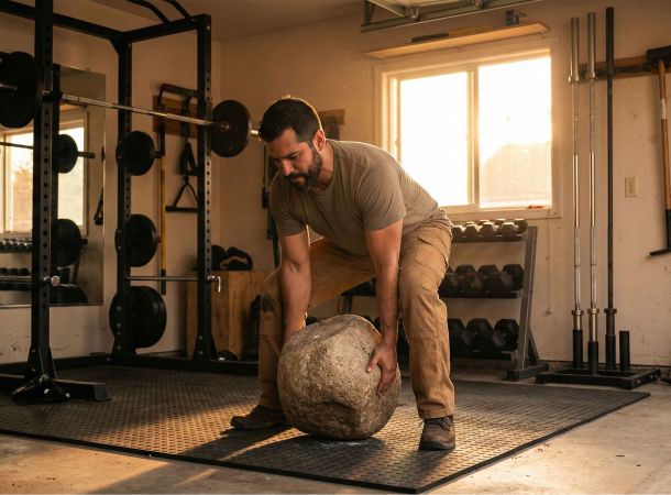 Un hombre realizando un levantamiento con un objeto irregular para desarrollar fuerza funcional de guerrero.
