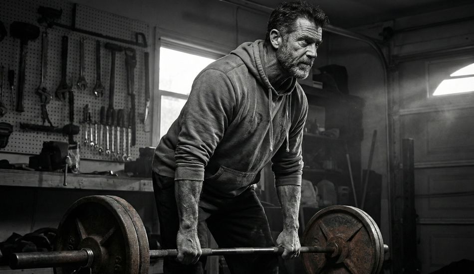 Homem maduro realizando um levantamento terra pesado para manter a massa muscular e a densidade óssea.