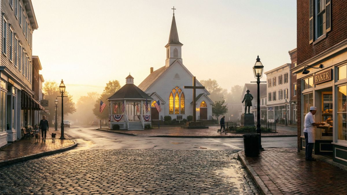 A historic and peaceful colonial town square representing traditional community values.
