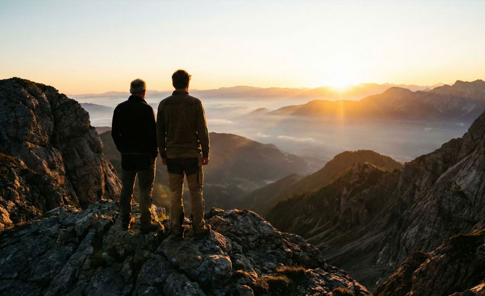 A father and son observing a mountain landscape, symbolizing guidance and the passing of a masculine legacy.