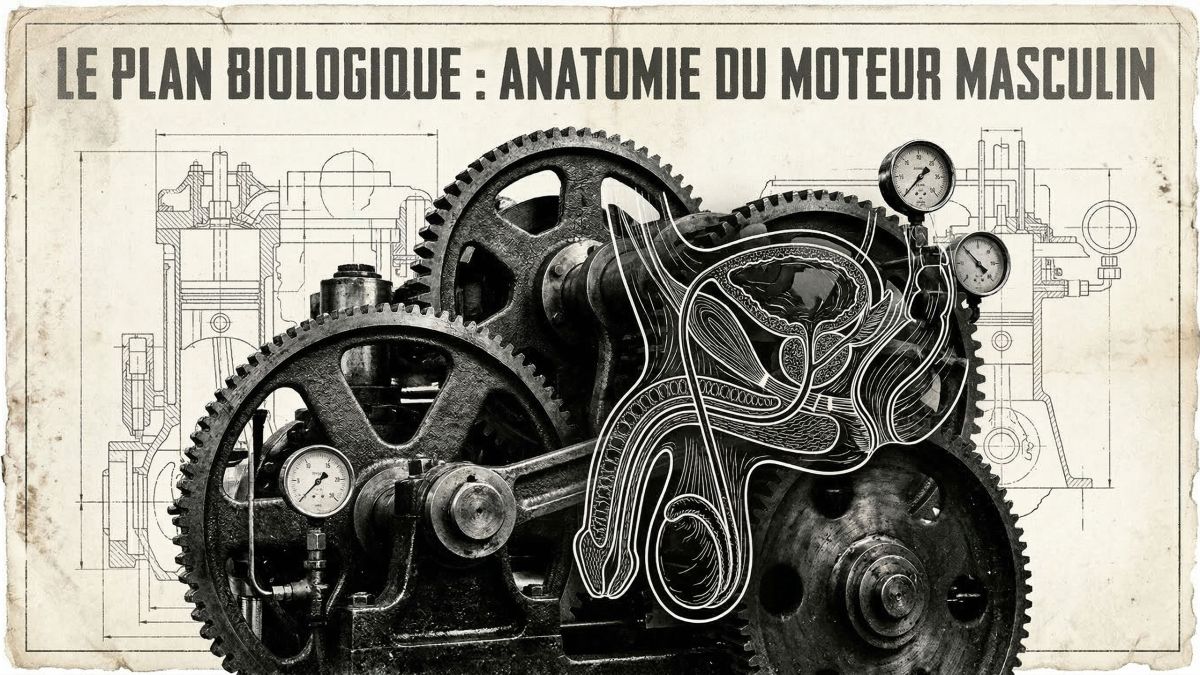 Illustration style plan technique des structures physiologiques masculines.