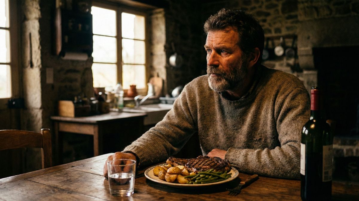 Un homme robuste assis à une table en bois savourant un repas traditionnel et copieux.