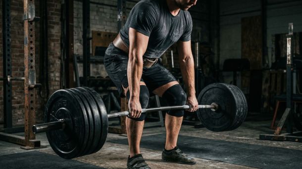 Mann führt ein schweres Langhantel-Kreuzheben mit Ganzkörperanspannung durch, was die Aktivierung des Beckenbodens und die Rumpfstabilität bei männlichen Athleten veranschaulicht.