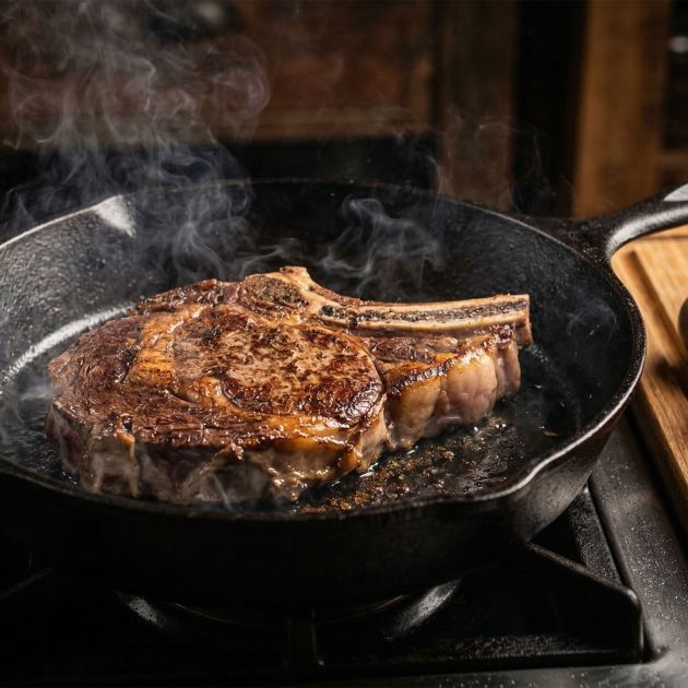 A seared steak in a cast-iron skillet representing ancestral male nutrition.
