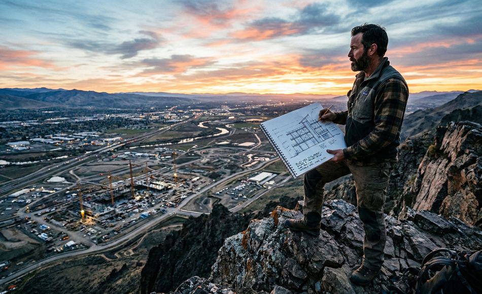 A man standing strong overlooking a landscape, representing leadership and vision.