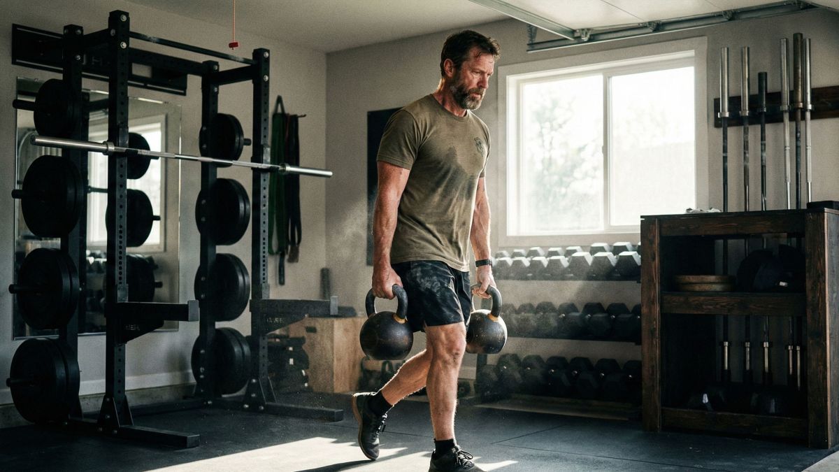 Kräftiger Mann beim funktionellen Krafttraining zur Optimierung von Gesundheit und Langlebigkeit.