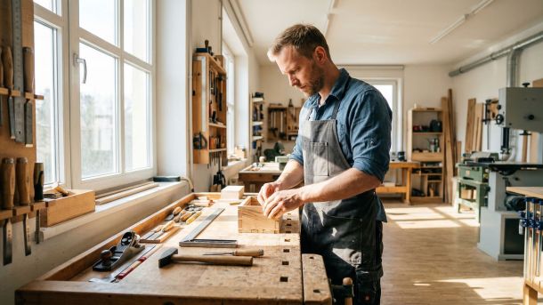 Ein Mann in der Werkstatt, der den fokussierten und mechanischen Ansatz der Beziehungskommunikation symbolisiert.