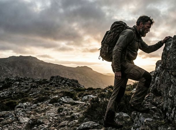 A muscular man training in a rugged environment representing traditional male vitality.