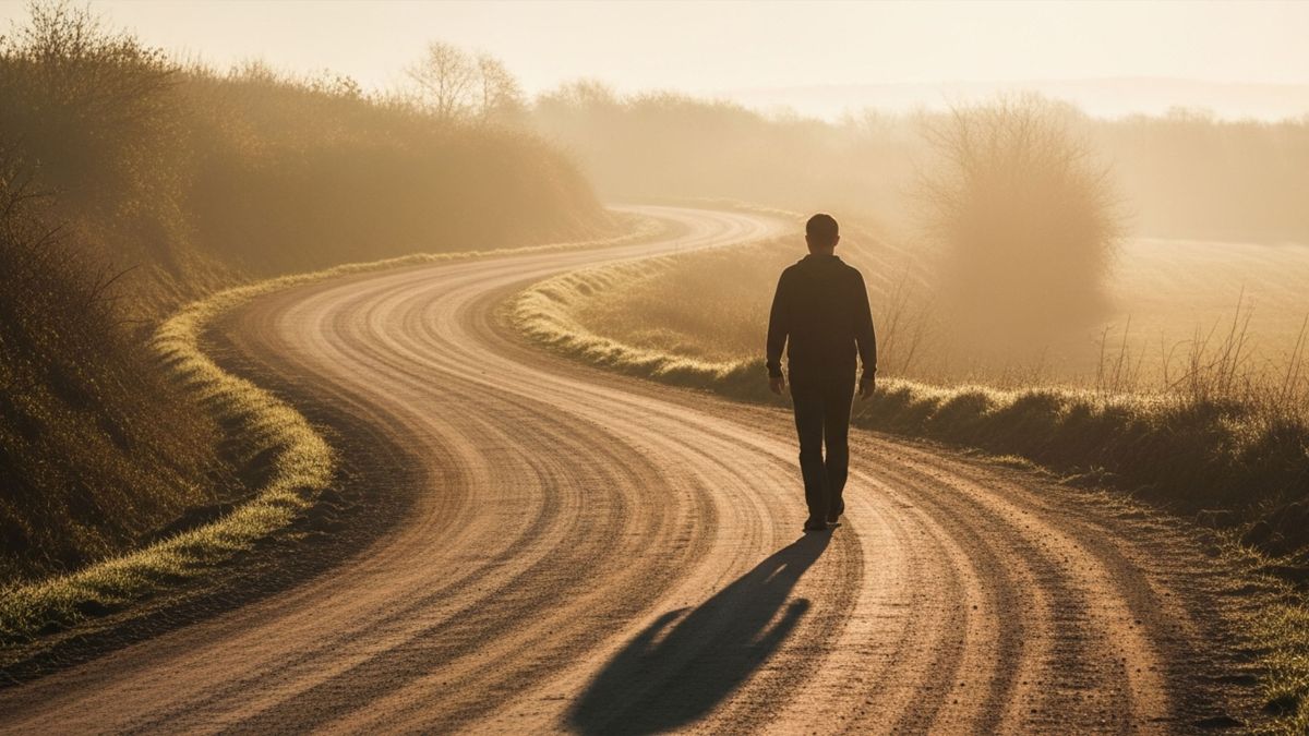 Mann geht gewundenen Weg bei Sonnenaufgang für Reflexion männlicher Reise