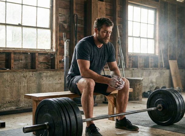 Homem descansando entre levantamentos pesados ilustrando treino de força inteligente e recuperação