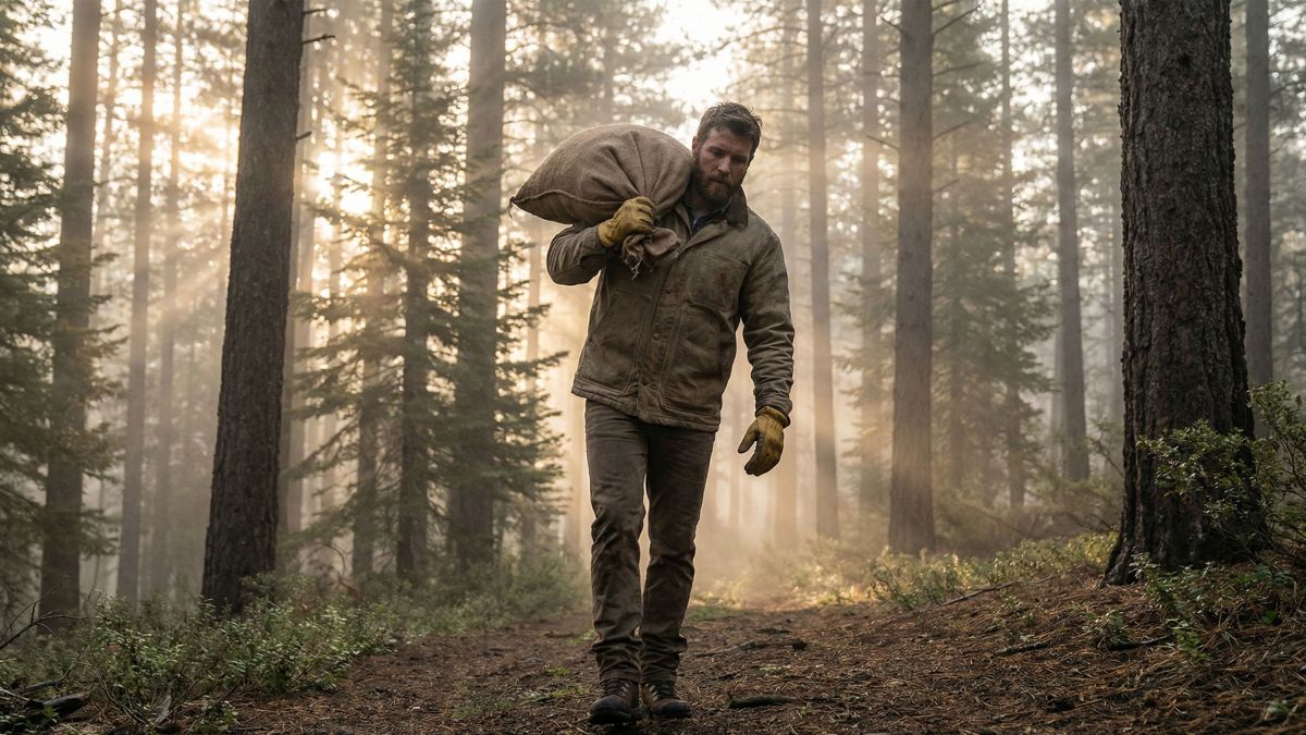 A man demonstrating functional strength by carrying a heavy load in a natural outdoor environment.