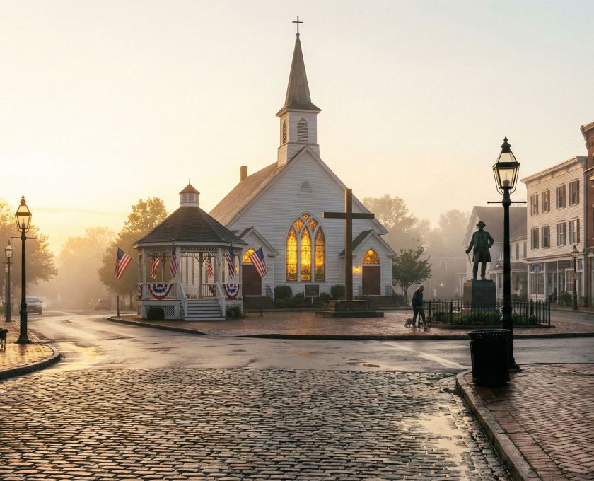 A historic and peaceful colonial town square representing traditional community values.
