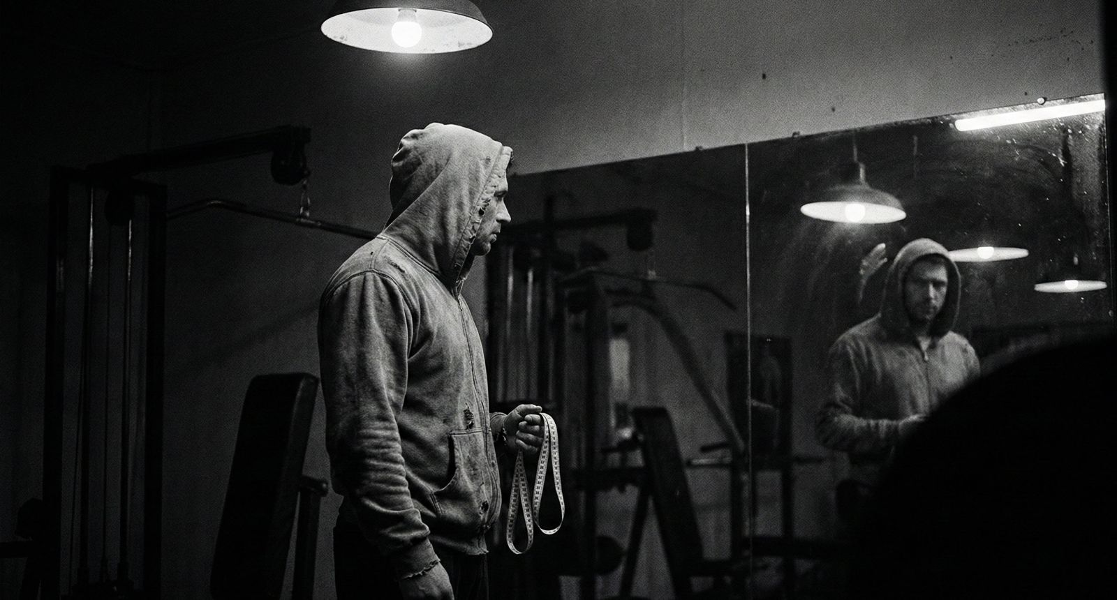 Um homem examinando o seu reflexo, simbolizando a pressão das estatísticas físicas masculinas.