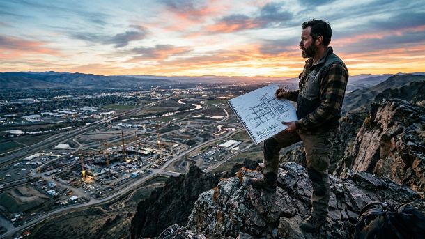 A man standing strong overlooking a landscape, representing leadership and vision.