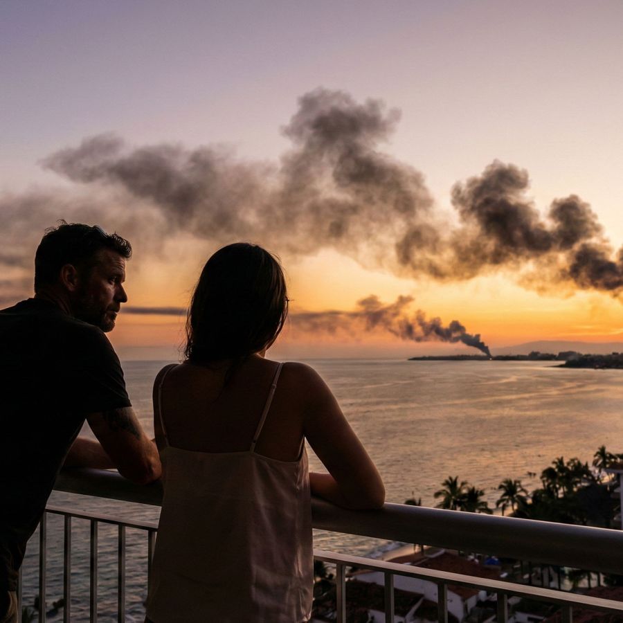 美しさと社会的混乱の緊張を象徴するプエルト・バジャルタの夕景。