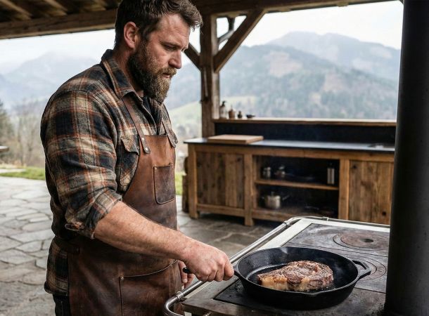 Ein Mann bereitet proteinreiche Leistungsnahrung in einer rustikalen Umgebung zu.