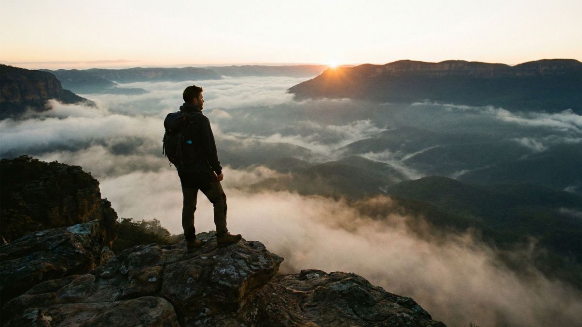 A man overlooks a rugged mountain landscape during a solo expedition.