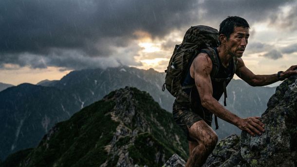 伝統的な男性の生命力を象徴する、険しい環境でトレーニングする筋肉質の男性。