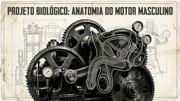 Ilustração estilo blueprint técnico das estruturas fisiológicas masculinas.