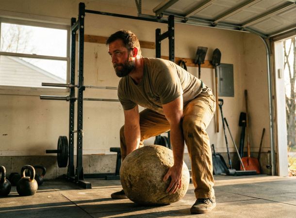Un homme effectuant un soulevé avec un objet atypique afin de développer une force fonctionnelle de guerrier.