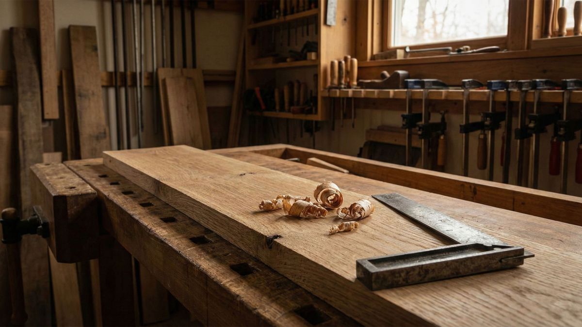 A man’s hands working with traditional woodworking tools on a sturdy workbench.