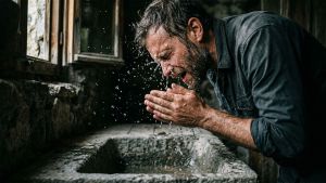 A man with a short beard splashes water on his face in a minimalist bathroom.