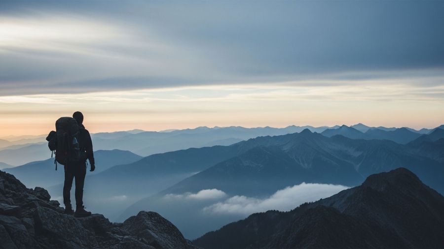 Hombre al amanecer sobre una cresta montañosa durante un viaje en solitario