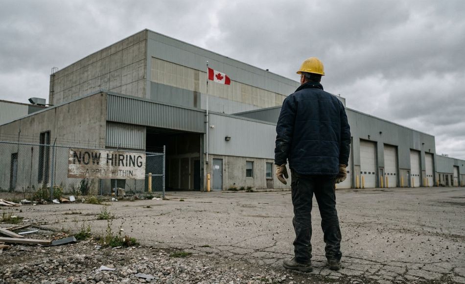 Canadian tradesman standing outside a warehouse beside a faded Now Hiring sign, representing the broken foreign worker hiring system