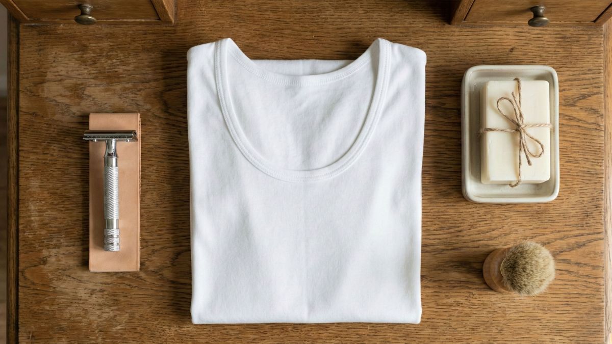 Herramientas esenciales de higiene masculina que incluyen tela de algodón y jabón suave sobre un fondo de madera.