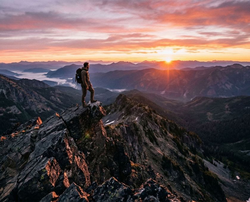 A man standing on a rocky mountain peak overlooking a vast valley at sunrise.