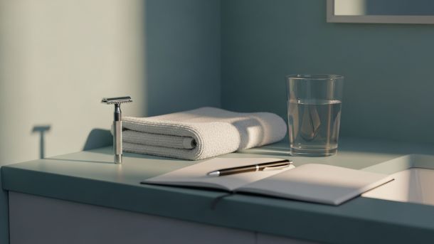 Comptoir de salle de bain minimaliste avec rasoir de sûreté, serviette, verre d'eau et carnet sous une douce lumière matinale