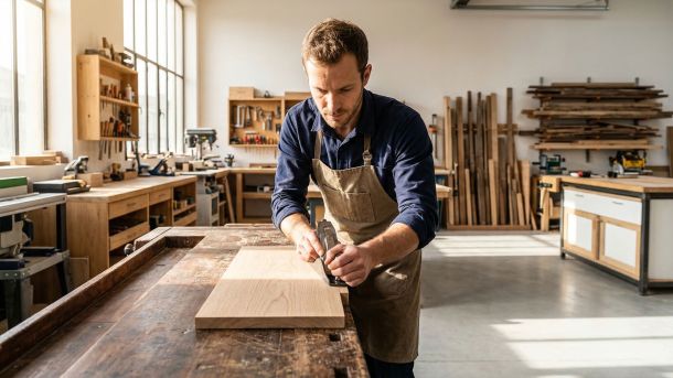 Un homme dans un atelier symbolisant l'approche focalisée et mécanique de la communication en couple.