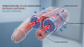 Diagrama que muestra las cámaras hidráulicas internas de la anatomía masculina durante la excitación.