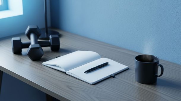 Minimal desk scene with coffee, notebook, and dumbbells in cool blue tones symbolizing a clear health plan for men