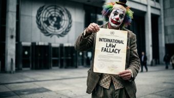 A symbolic representation of military strength versus international bureaucratic symbols.