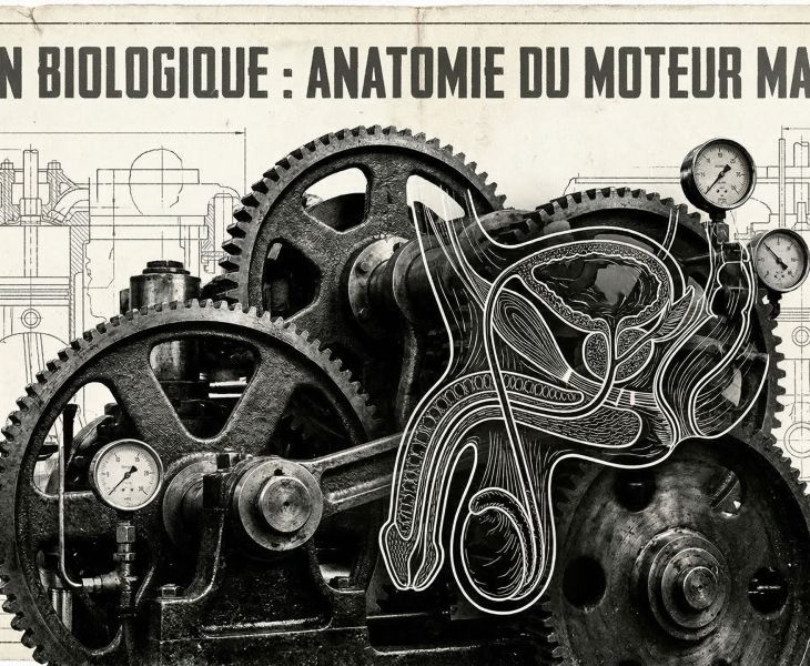 Illustration style plan technique des structures physiologiques masculines.
